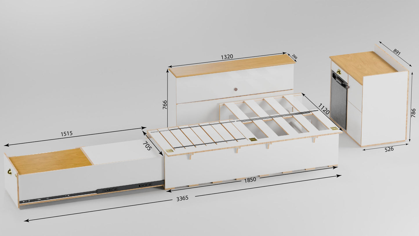Open-up of a DIY melamine plywood slat bed frame for a campervan, showing the sliding mechanism extending from a single bench into a double bed. Plus the measurements of the units