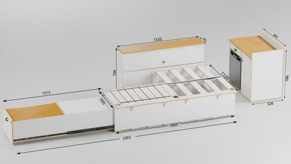 Open-up of a DIY melamine plywood slat bed frame for a campervan, showing the sliding mechanism extending from a single bench into a double bed. Plus the measurements of the units